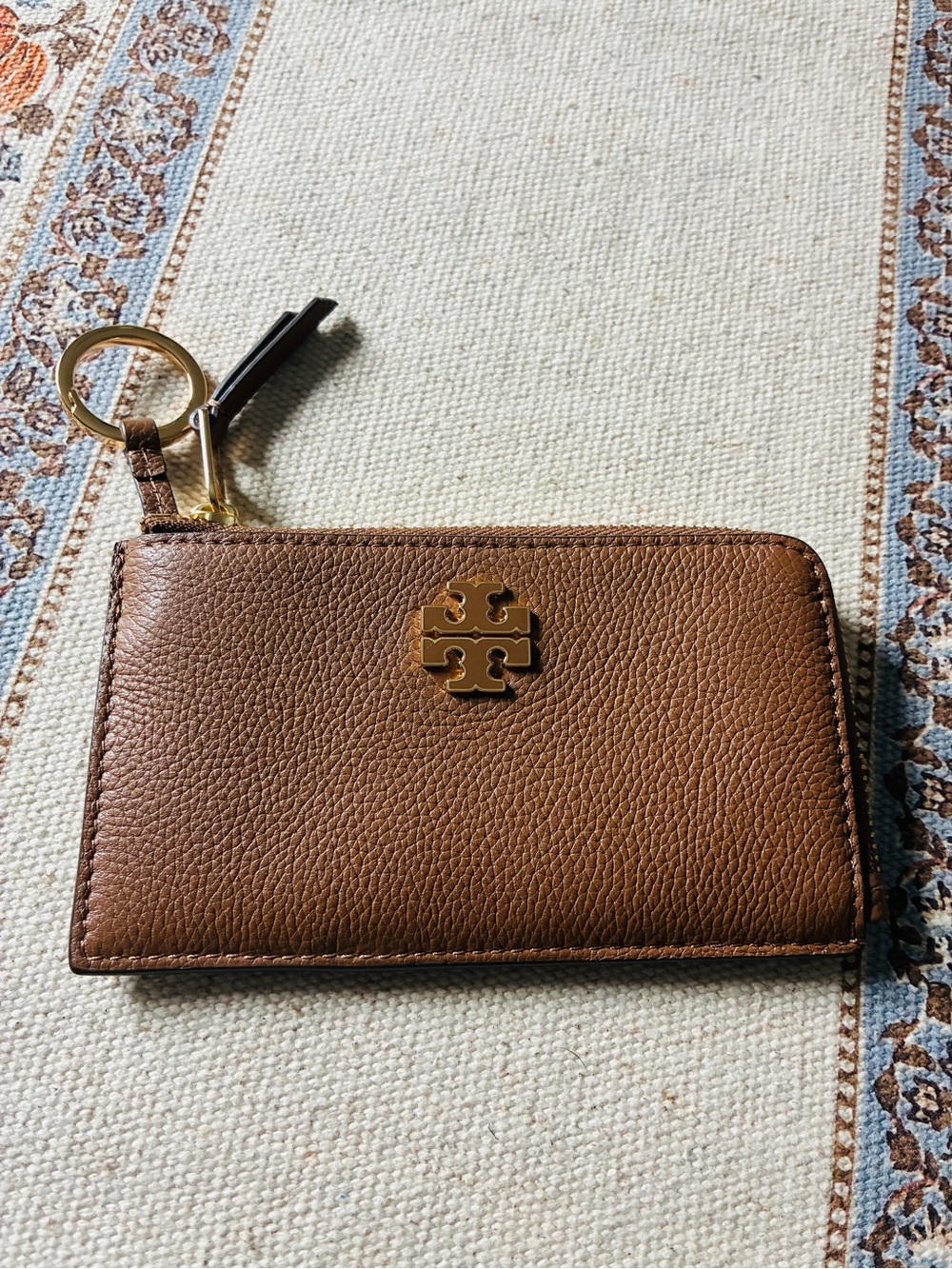 Tory Burch Brown Pebbled Leather Zip Card Case with Gold Logo Keyring